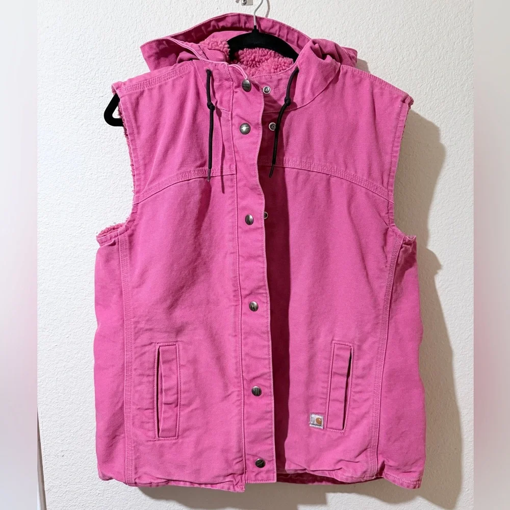 Carhartt Women’s Pink Hooded Sherpa Lined Vest Large Snap Front - Picture 1 of 10